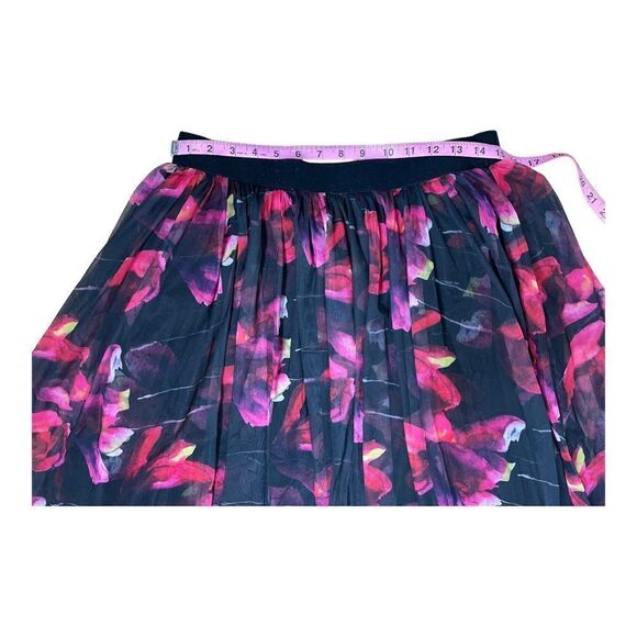 Esley Sz M Floral Black Pink Red Pleated Tulle Skirt Elastic Waist A-Line - Picture 5 of 8